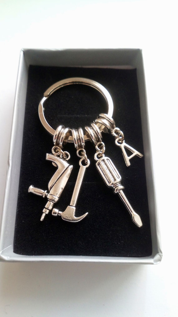 Tools Keyring, DIY Enthusiast Gift, Tradesman Keyring ,Handyman Gift ,Fathers Day Gift, Dad Gift, Grandad Gift, Drill Keyring Birthday