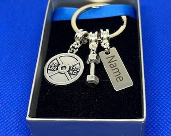 Llavero con mancuernas y pesas para gimnasio, llavero personalizado para gimnasio, llavero deportivo para fitness, regalo para papá, regalo para hermano