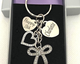 Personalized Rhinestone bow & Heart Key Charm Keyring, 18th Birthday Gift, 16th Birthday Gift, Any Age