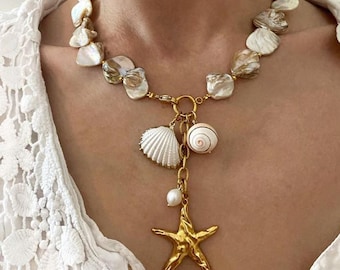Gold Plated Starfish Necklace: Natural Shell Coastal Jewelry