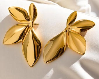 Leaf Earrings Gold Plated Chunky Minimalist Statement Studs