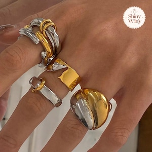 Two-Tone Stainless Steel Ring: 18K Gold Plated Ribbed Band