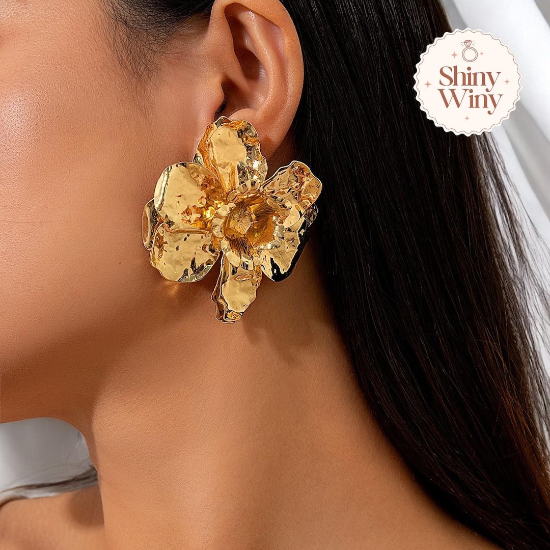 Gold Flower Statement Earrings - Large Boho Floral Studs Hypoallergenic