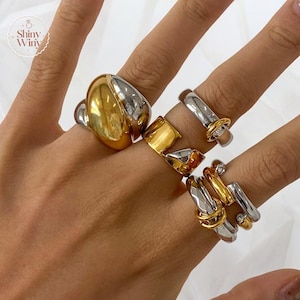 Two-Tone Stainless Steel Ring: 18K Gold Plated Ribbed Band