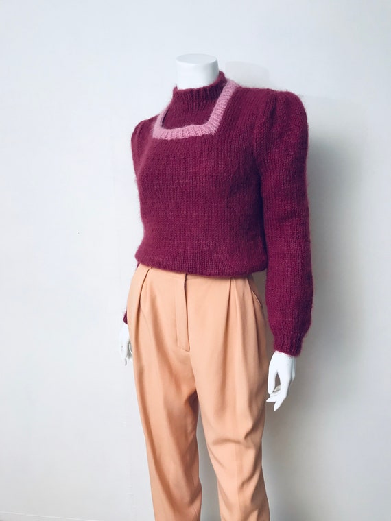 80s hand knit deep mauve puff sleeve sweater, SZ X