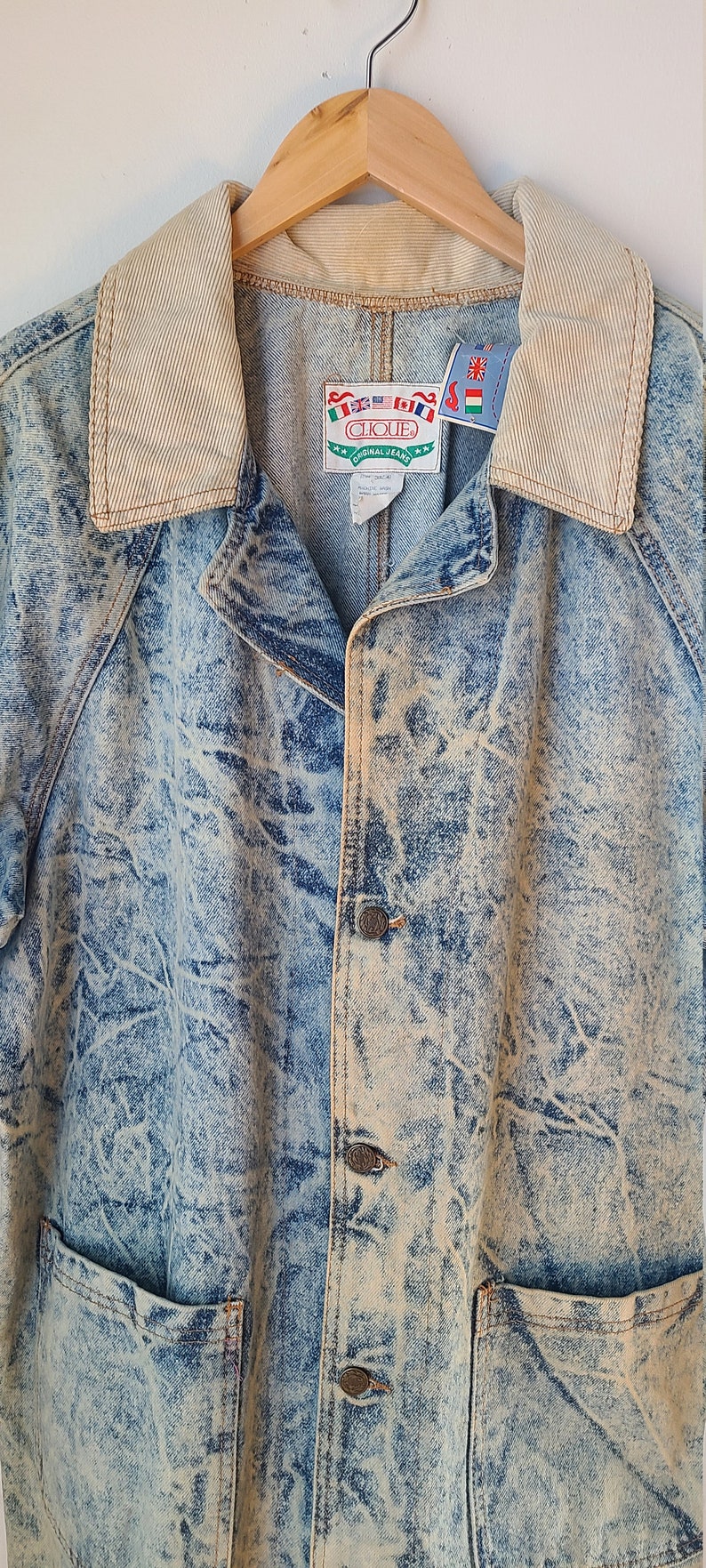 SZ L Acid denim oversized trench long boyfriend style denim jacket