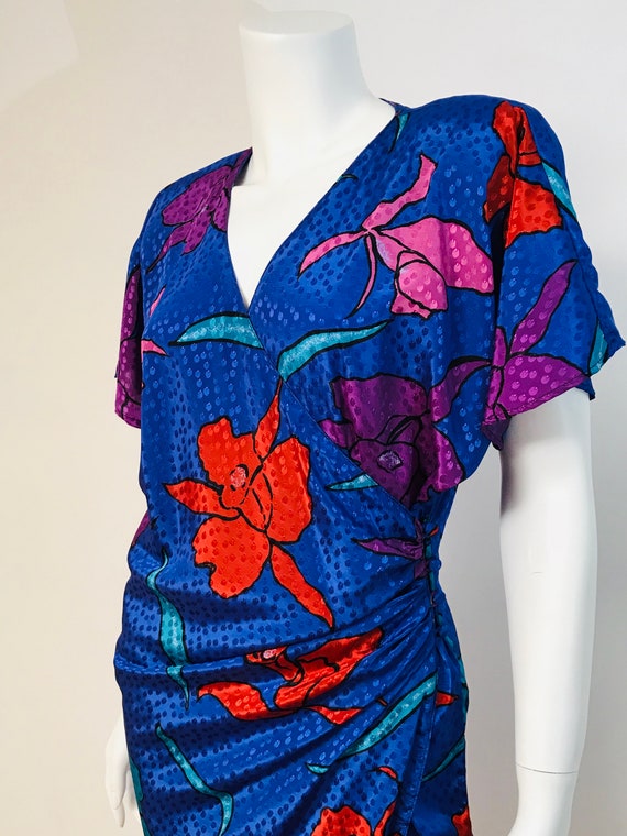 80's periwinkle/red/teal floral print wrapped mini