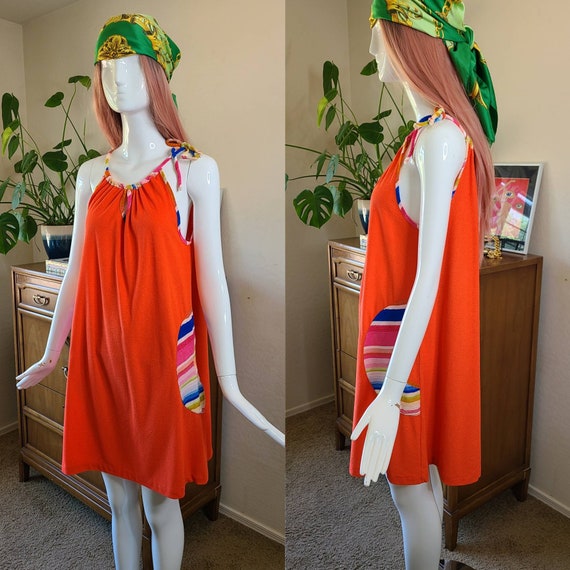Vintage 70s poppy orange terry cloth tank dress 197… Gem