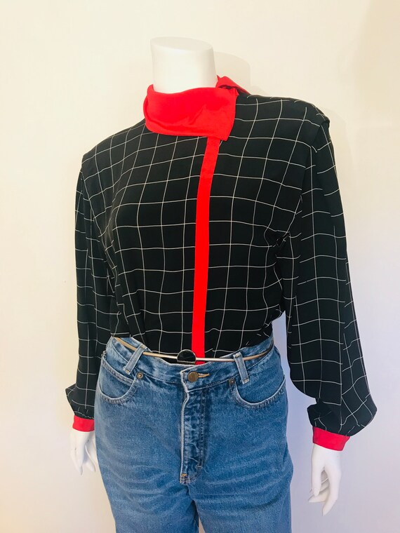80s window-pane print black/white/red silk blouse,