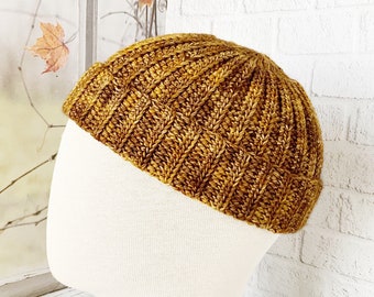 Crochet cotton fisherman beanie Hand painted yellow docker hat Handmade summer watch cap