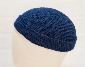 Crochet cotton fisherman beanie Blue docker hat Handmade summer watch cap