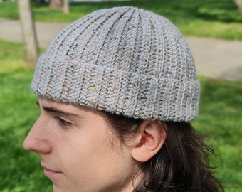 Crochet tweed wool docker cap Gray winter fisherman beanie Handmade docker hat