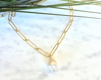 Simple gold chain paper clip necklace with genuine baroque pearl pendant