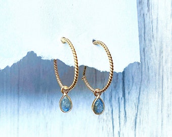 Tiny gold hoop with drop stone earrings