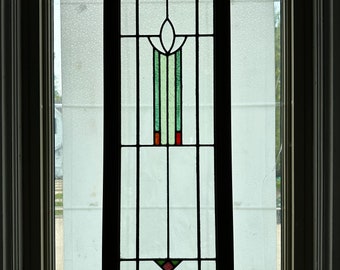 Art Deco Stain Glass Panel Framed in Oak with loops for hanging