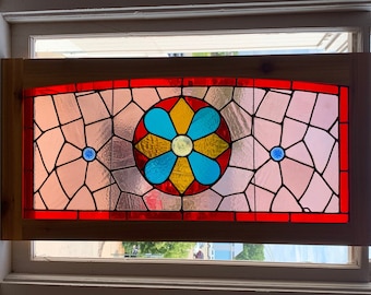 Antique Stain Glass Window with Jewels and 200-year-old Cedar Frame