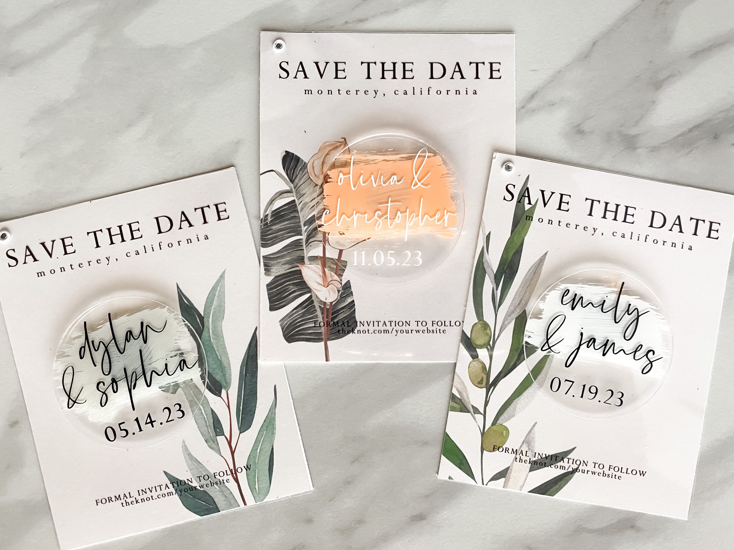 Classic green white floral Acrylic Save the Date Cards CSTD005