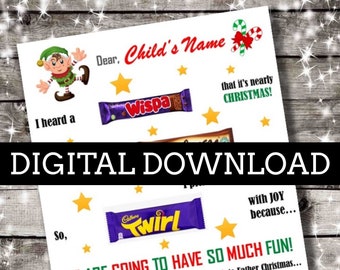 Mensaje de llegada de elfo personalizado Tablero de chocolate DESCARGA DIGITAL - Regalos de Navidad para niños / Medias / Regalos personalizados / Carta de elfo