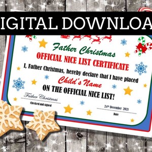 Descarga DIGITAL - Certificado NICE LIST personalizado de Papá Noel - Certificado personalizado / Caja de Nochebuena / Rellenos de calcetines