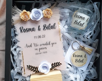 Gift Box/Pamper Hamper/Wedding Gift/Mother Gift/Bride/Groom/Eid Gift/Daughter/Personalised/Marriage/Plaque/Keyring/Candle/Gold Leaf