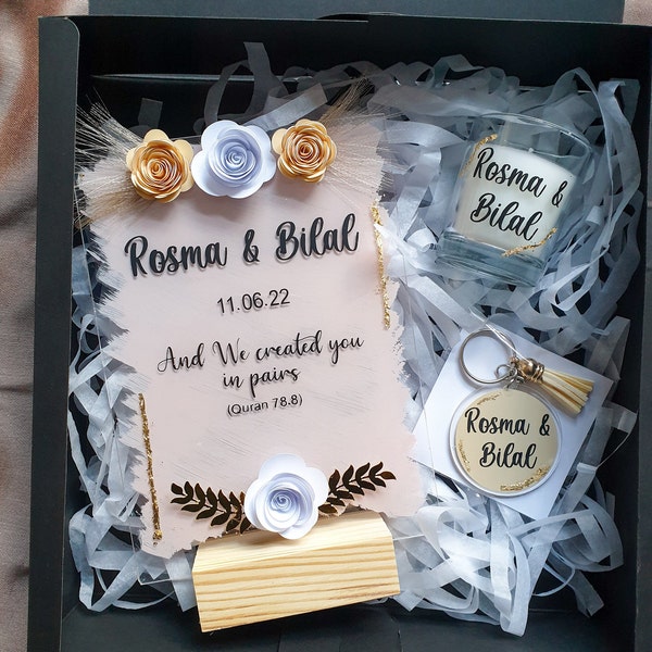 Gift Box/Pamper Hamper/Wedding Gift/Mother Gift/Bride/Groom/Eid Gift/Daughter/Personalised/Marriage/Plaque/Keyring/Candle/Gold Leaf