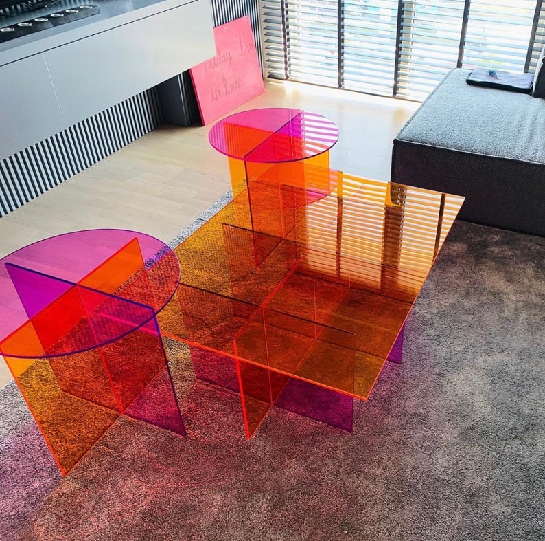 Neon Pink Orange Clear Colorful Acrylic Coffee Table for Etsy