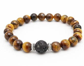 Natural Tiger Eye Stone Handmade Bracelet for Men & Women-8mm Tiger Eye beads and 10mm Lava bead,Gemstone Men and Women Stretch Bracelets.