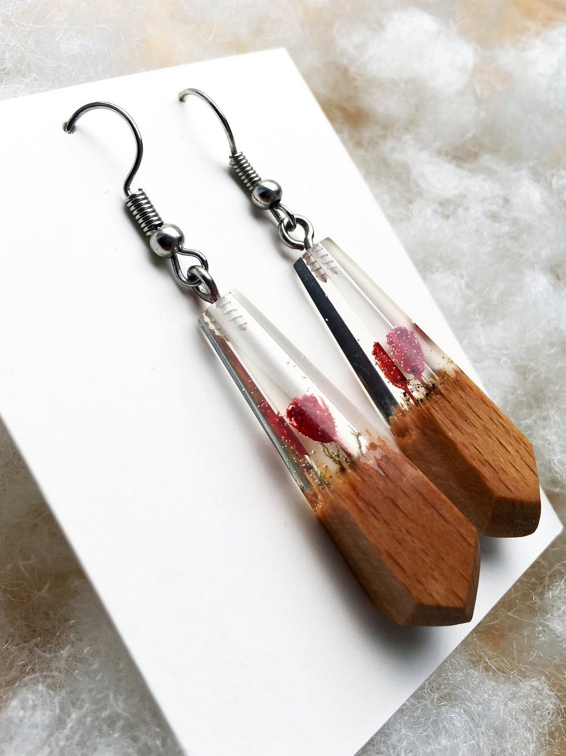 Handmade Wooden Epoxy Resin Earrings, Handcraft Women Wood Resin