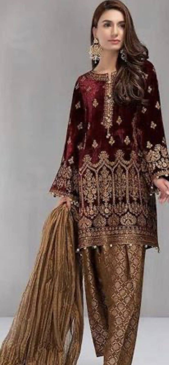 Pakistani salwar kameez velvet embroidered dress made on | Etsy