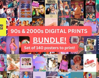 May include: A collage of 140 digital prints featuring images from the 1990s and 2000s. The prints include images of popular culture icons, fashion trends, and technology of the era. The text "90s & 2000s DIGITAL PRINTS BUNDLE! Set of 140 posters to print!" is displayed in the center of the collage.