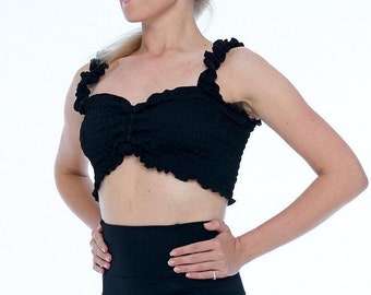 Ruffle Yoga top bra Black Crop top Recycled Sustainable clothing Adjustment under the chest XXS-OX