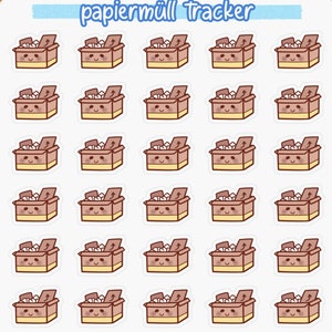 Papiermüll Sticker Sheet. Niedliche mini Müll Aufkleber für Wandkalender, Putzplan, Hausarbeitsplan, Planer und Bullet Journal