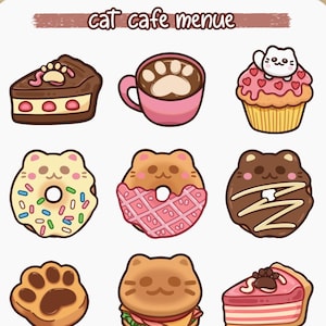 Puede incluir: Una hoja de pegatinas con ilustraciones de comida con temática de gatos, incluyendo pasteles y donuts. El texto "cat cafe menue" está en la parte superior. Cintas adhesivas decorativas de varios colores rodean la hoja.