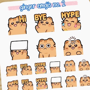Könnte beinhalten: Ein Stickerbogen mit Ingwer-Katzen-Emojis, die verschiedene Emotionen und Sprechblasen zeigen. Der Text "ginger emojis no. 2" steht oben. Die Emojis beinhalten "Hi", "Bye" und "Hype". Der Stickerbogen liegt auf einer Holzoberfläche.