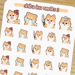 Shiba Inu Emotes Nr. 3 Sticker Sheet. Kawaii Hunde Emoji Aufkleber: Wütend, Weinen, Messer, Head Empty. Planer Sticker, Journal, Tagebuch