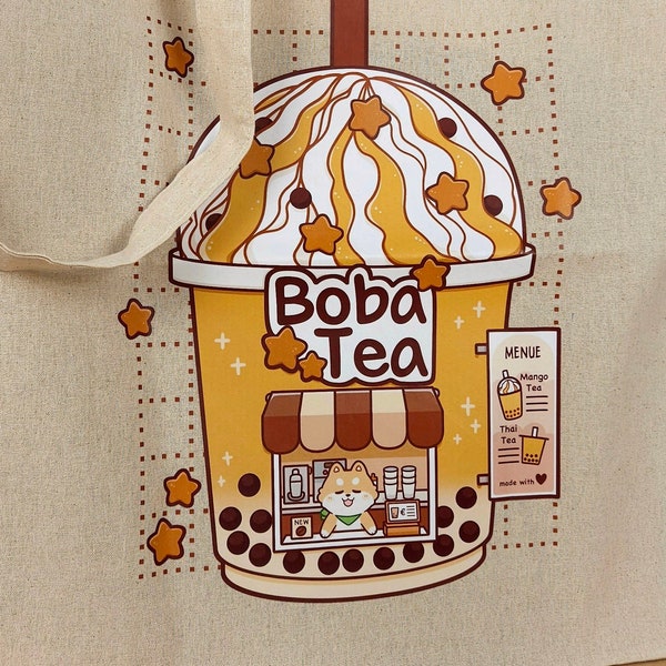 My Boba Shop - tote bag. Cotton shopping bag with long handles and kawaii shiba inu and bubble tea. Shopping bag, jute bag