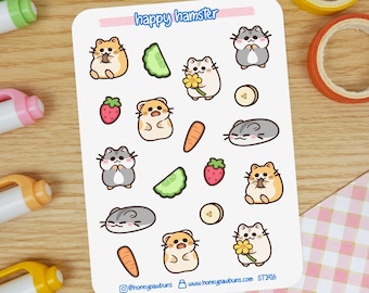 Hoja de pegatinas de hámster feliz. Pegatinas kawaii de mascotas para bullet journals, scrapbooks y agendas. Hoja de pegatinas de animales adorables.