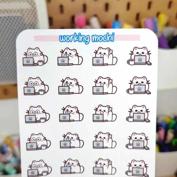 Mochi auf Arbeit Sticker Sheet. Niedliche Home Office Planer Sticker mit weißen Katzen. Kawaii Bullet Journal Stickerbogen, minimalistisch