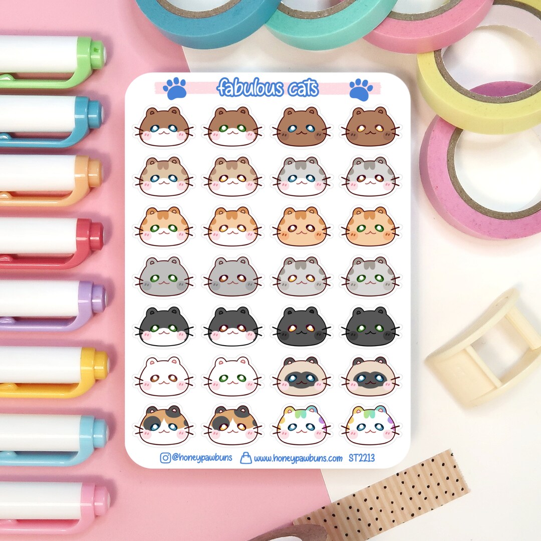 Fabulous Cats Sticker Sheet. Cute Cat Faces Stickers for Planner, Bujo ...