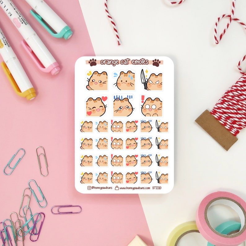 Cat Emoji Sticker Sheet. Cute Planner Stickers With Orange Tabby Kitten ...
