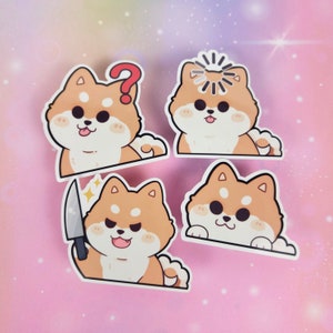 Funny Shiba Inu stickers: Confused Shiba, Shiba with a knife, Shiba charging indicator. Kawaii dog stickers for laptop, phone, and tablet cases.
