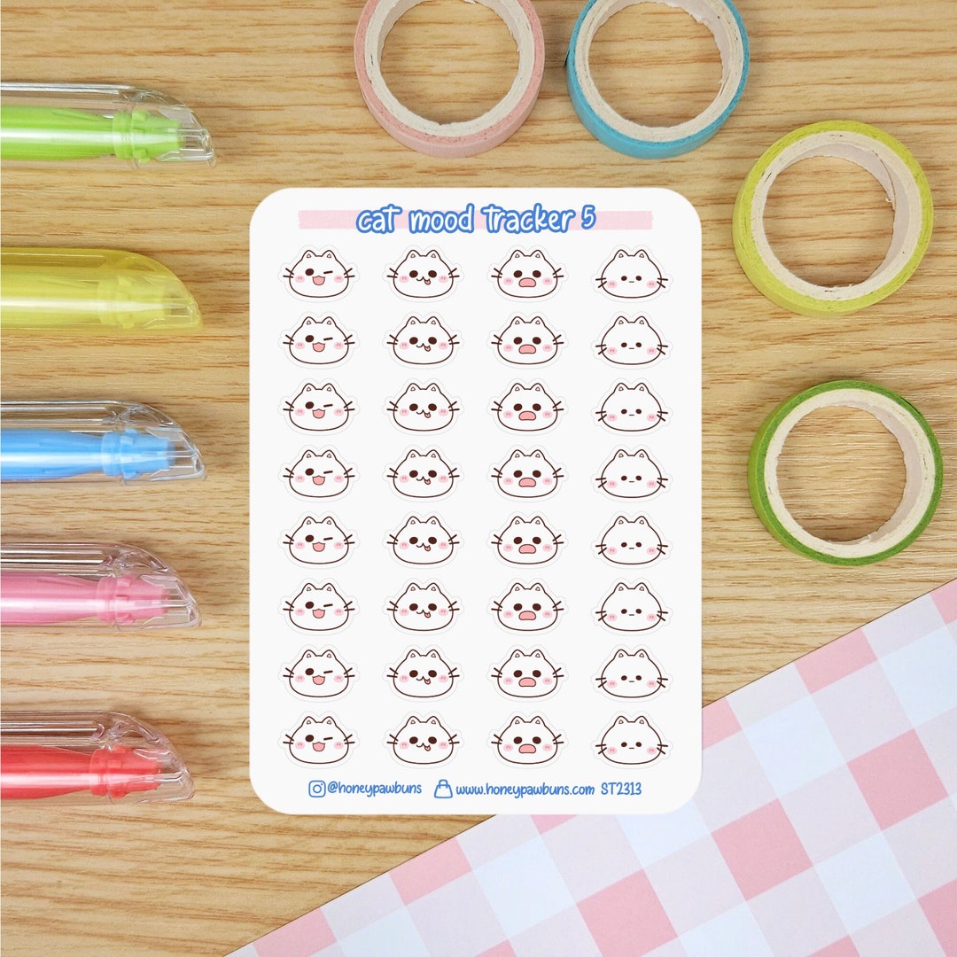 Cat Mood Tracker No. 5 Sticker Sheet. Kawaii Cat Emoji Planner Stickers ...
