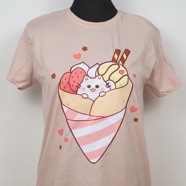 Crepe Katze T-Shirt, Puderrosa Größe M. Kawaii Katzen T-Shirt mit japanischen Crepe.