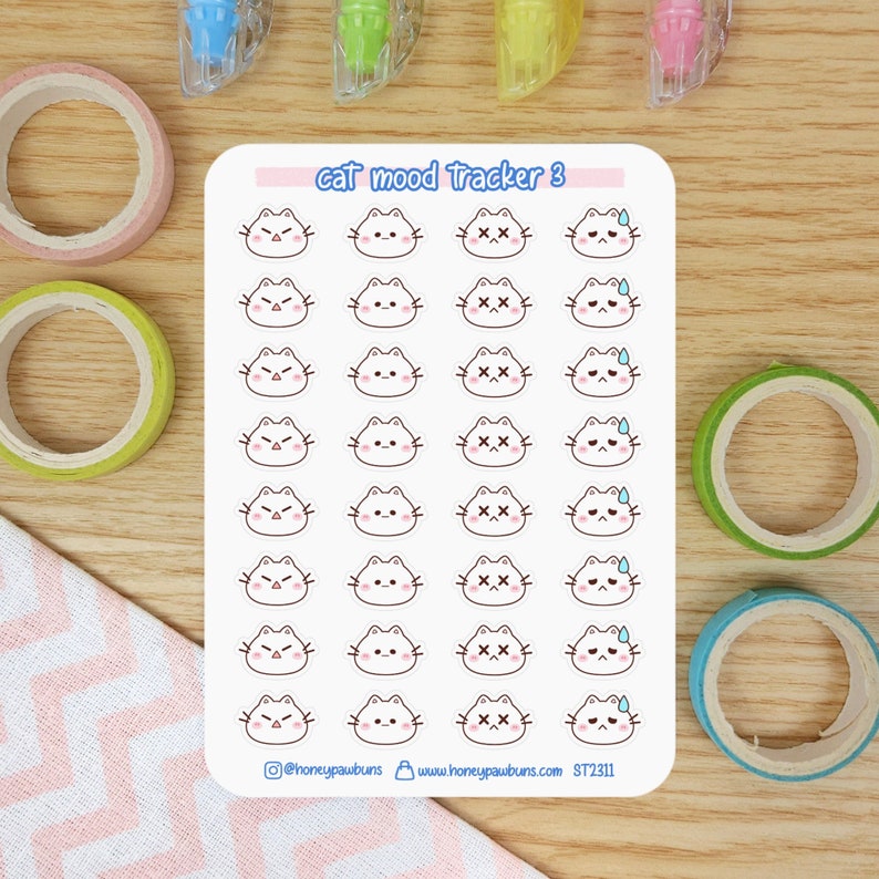 Cat Mood Tracker No. 3 Sticker Sheet. Kawaii Cat Emoji Planner Stickers ...