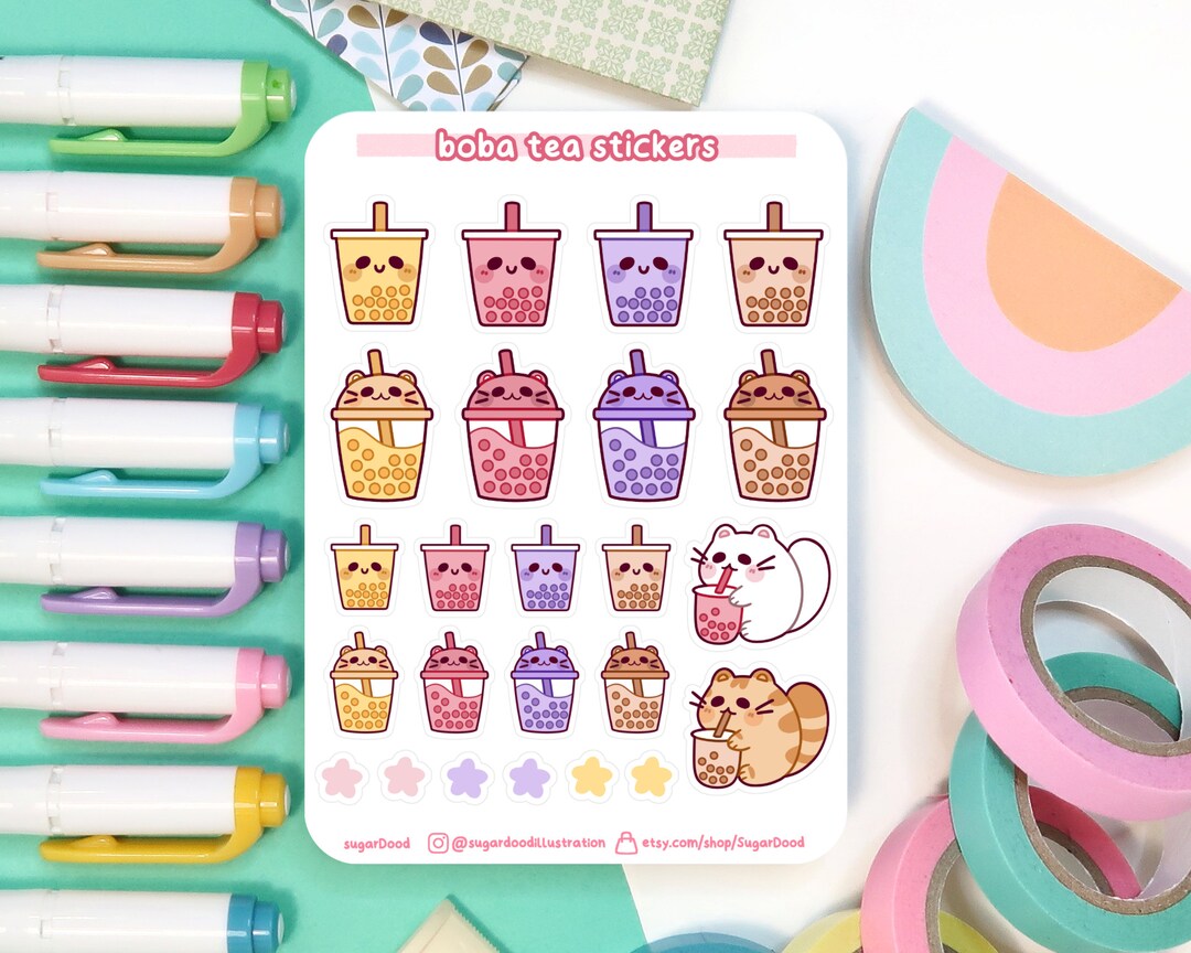 Boba Tea Sticker Sheet. Cute Bubble Tea Stickers With Kawaii - Etsy