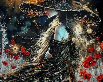 Witch in Poppies Bead Embroidery Pattern – Starry Hat, Cosmic Swirls (Fabric Kit)