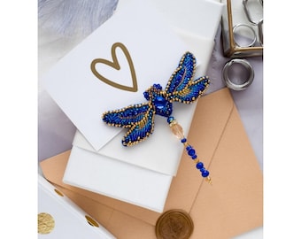 Beaded Dragonfly Brooch Kit — DIY Bead Embroidery, Czech Preciosa, Insect Pin, 3.3x3.5"