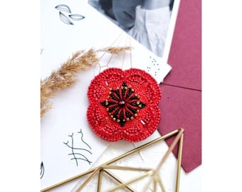 Red Poppy Flower Beaded Brooch Kit | Floral Bead Embroidery Jewelry Making