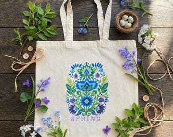 Floral Cross Stitch Tote Bag Kit | Spring Embroidery Canvas Shopper (420x380mm)