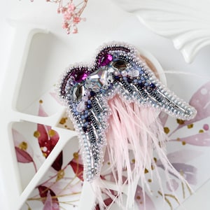Beaded brooch kit Angel Wings — finished wings with violet crystals, Czech beads and pink feathers